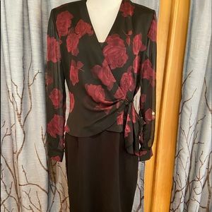 Vtg John Roberts 10 faux wrap dress black burgundy